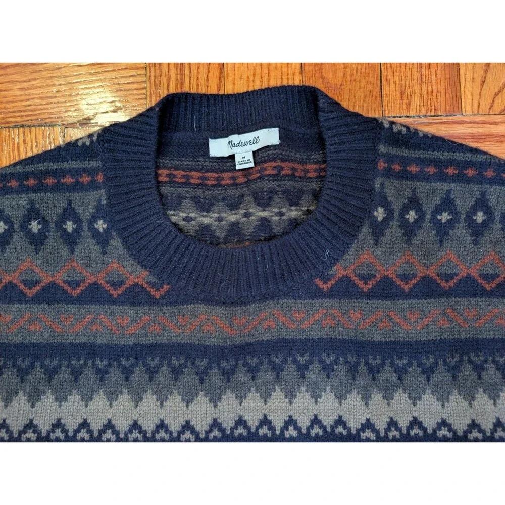 Madewell Fair Isle Crewneck Sweater Men's Medium Navy Merino Wool